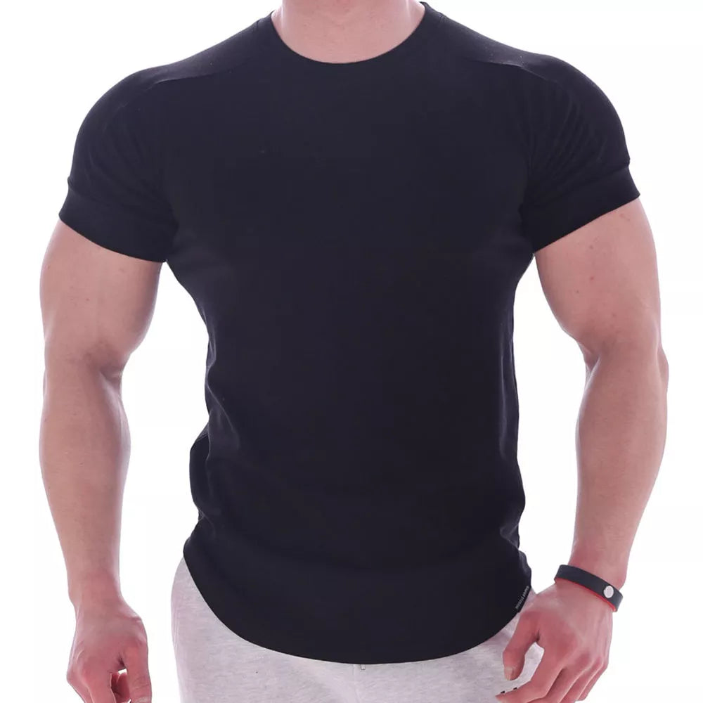 Black Gym T-shirt Men Fitness Sport Cotton Shirt Male Bodybuilding Workout Skinny Tee Training Tops Summer Casual Solid Clothing