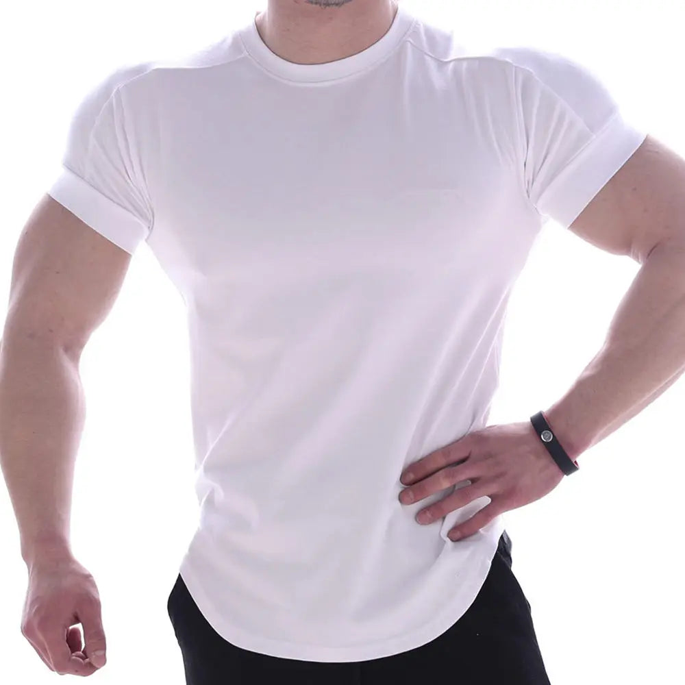 Black Gym T-shirt Men Fitness Sport Cotton Shirt Male Bodybuilding Workout Skinny Tee Training Tops Summer Casual Solid Clothing