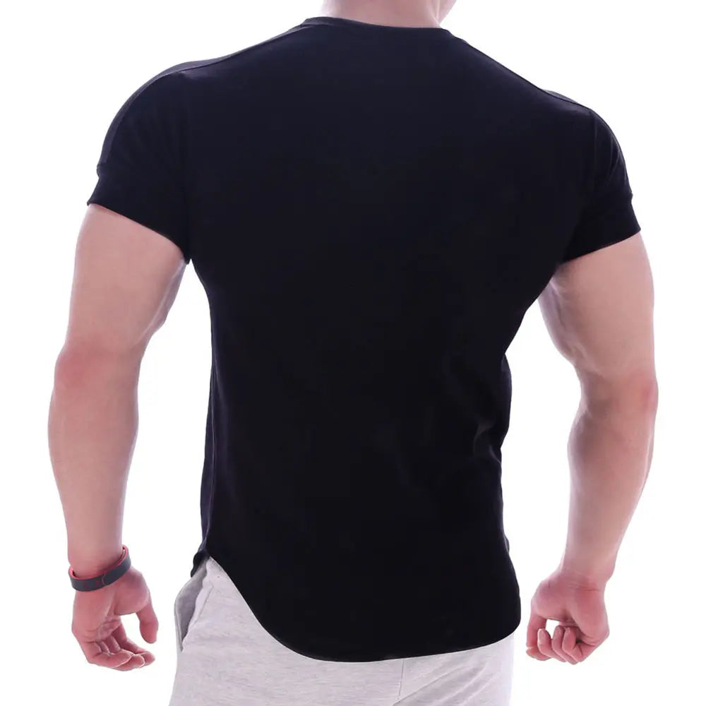 Black Gym T-shirt Men Fitness Sport Cotton Shirt Male Bodybuilding Workout Skinny Tee Training Tops Summer Casual Solid Clothing