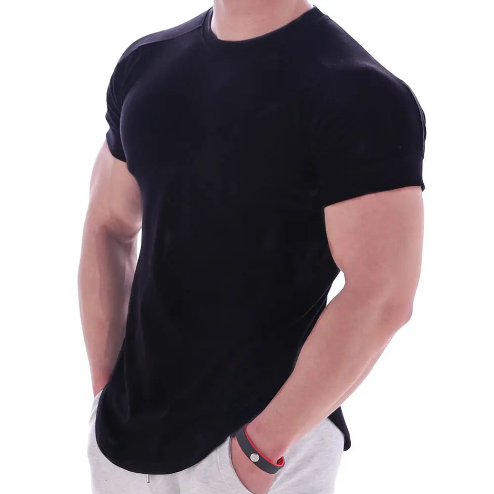 Black Gym T-shirt Men Fitness Sport Cotton Shirt Male Bodybuilding Workout Skinny Tee Training Tops Summer Casual Solid Clothing