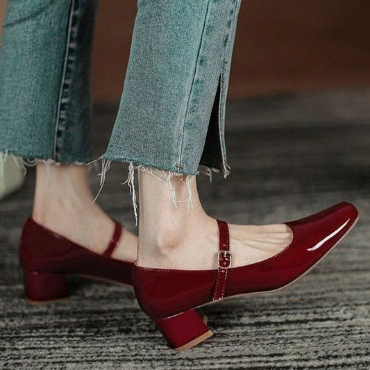 Spring 2023 New Women's Mary Janes Shoes High Quality Leather Low Heel Dress Shoes Square Toe Shallow Buckle Strap Women's Shoes