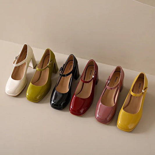 red green yellow Thick Heels Mary Jane Shoes Women 2023 Buckle Strap Square Toe Pumps Woman Med Heele pu Leather Shoes Female