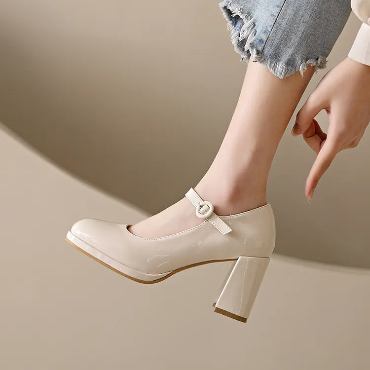 red green yellow Thick Heels Mary Jane Shoes Women 2023 Buckle Strap Square Toe Pumps Woman Med Heele pu Leather Shoes Female